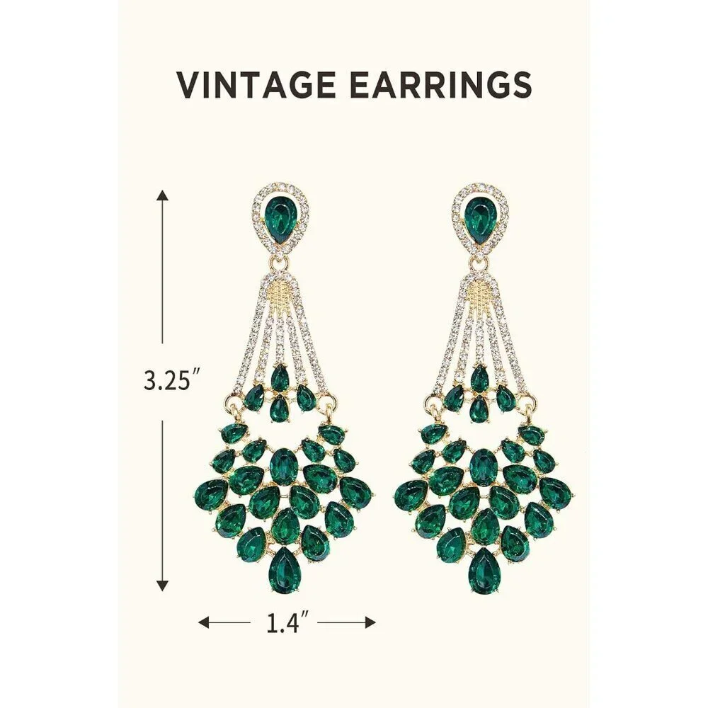 Vintage Flapper Earrings Green Rhinestone Dangle Pearl Gatsby Costume Jewelry